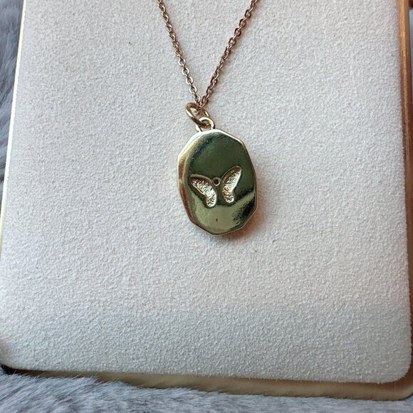 Gold Pink Enamel Rhinestone Butterfly Moth Charm Necklace - Picture 4 of 4